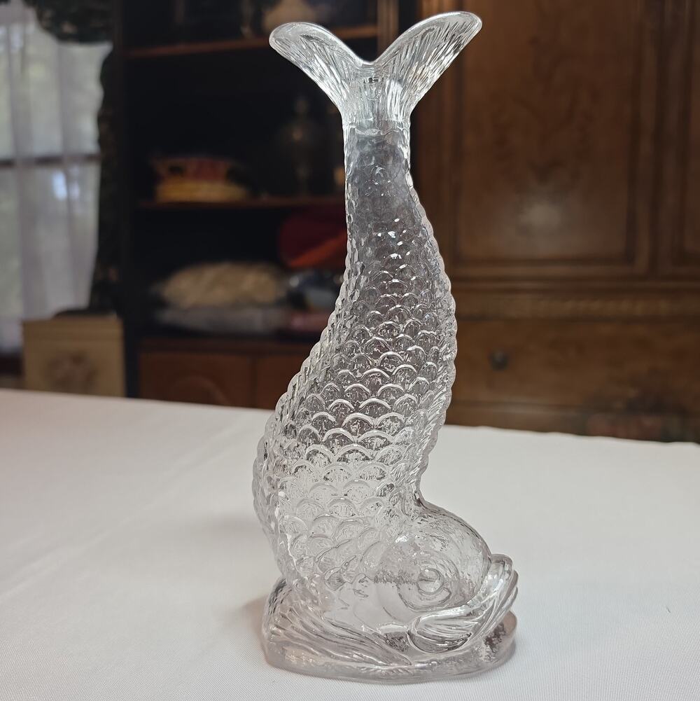 Vintage 1970s Clear Molded Glass Fish Carafe Vase Decanter Koi Carp Pitcher 10"